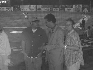 Trent Rosecrans, Borat and Lee Heidel at Savannah Sand Gnats game May 24, 2002 