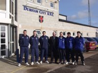 From left to right:  Durham City AFC players Steve Walklate, Gavin Mudd and Kenny Cramman, Brian Honour (Durham City AFC Manager), Durham City LFC players Dionne Martens, Julie Campbell and Jo Wood.
